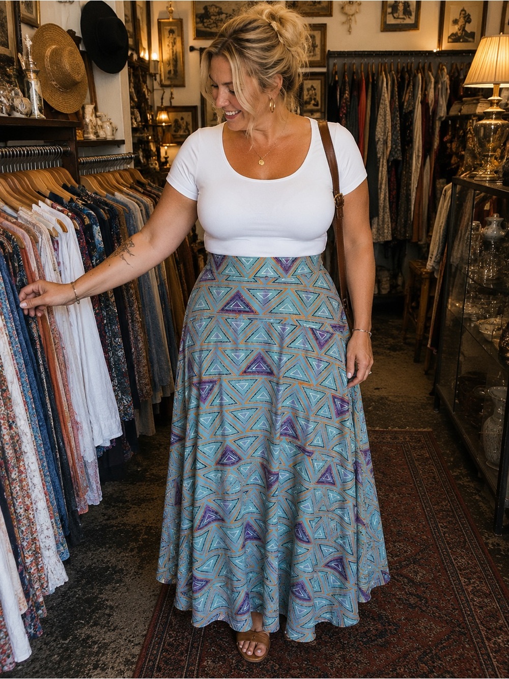 Printed A-Line Maxi Skirt in Teal and Purple